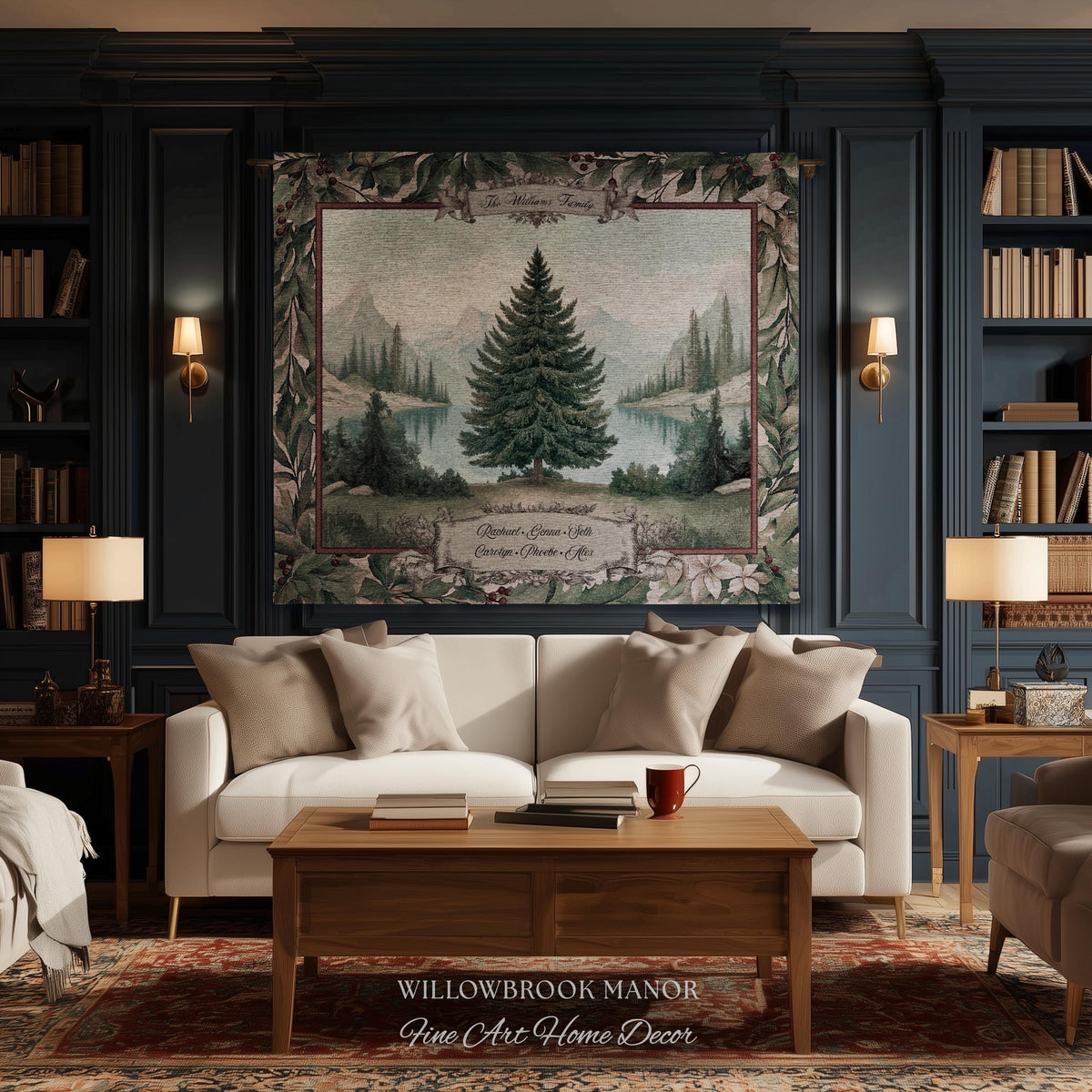 Winter Wonderland Spruce Family Tree Tapestry Personalized Name | Nostalgic Holiday Woven Throw Blanket Custom Festive Keepsake Wall Hanging