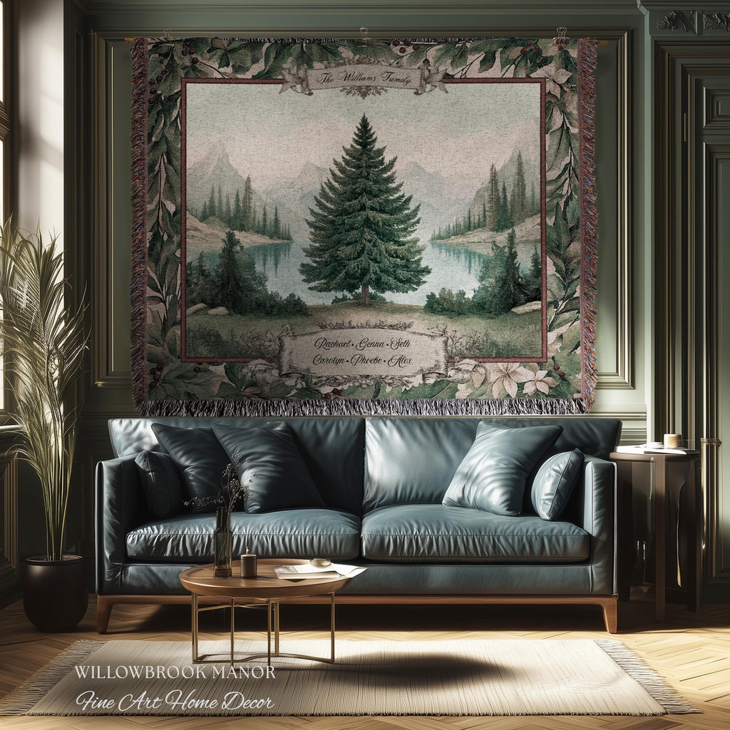 Winter Wonderland Spruce Family Tree Tapestry Personalized Name | Nostalgic Holiday Woven Throw Blanket Custom Festive Keepsake Wall Hanging