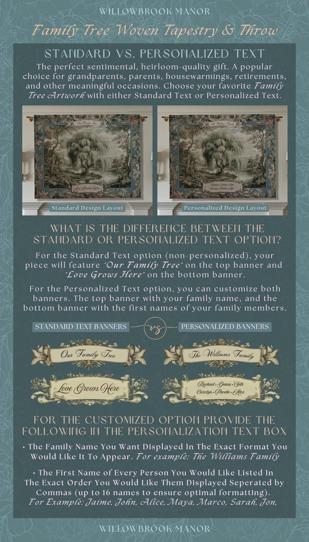 Pastoral Weeping Willow Custom Family Tree Woven Wall Art | Romantic Verdure Tapestry Personalized Names Timeless Nostalgia Heirloom Gift