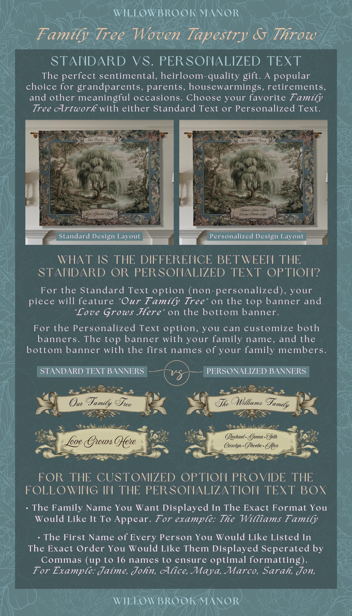 Pastoral Weeping Willow Custom Family Tree Woven Wall Art | Romantic Verdure Tapestry Personalized Names Timeless Nostalgia Heirloom Gift