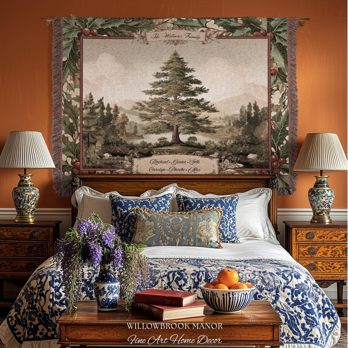 Classical Pine Tree Family Tapestry Personalized Names | Scenic Pastoral Woven Throw Blanket Holiday Heritage Custom Keepsake Wall Hanging