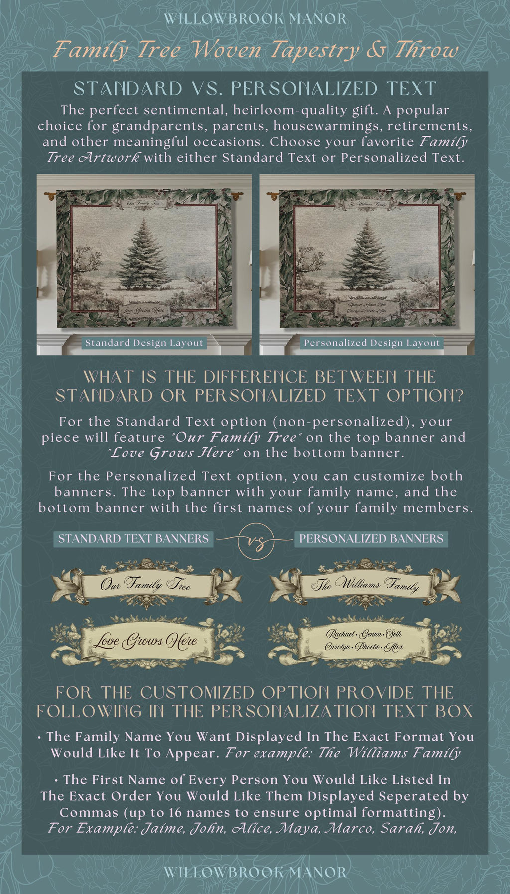 Snowy Scene Winter Holiday Family Tree Wall Hanging | Custom Name Woven Tapestry Grandparent Christmas Gift Personalized Heritage Art Decor