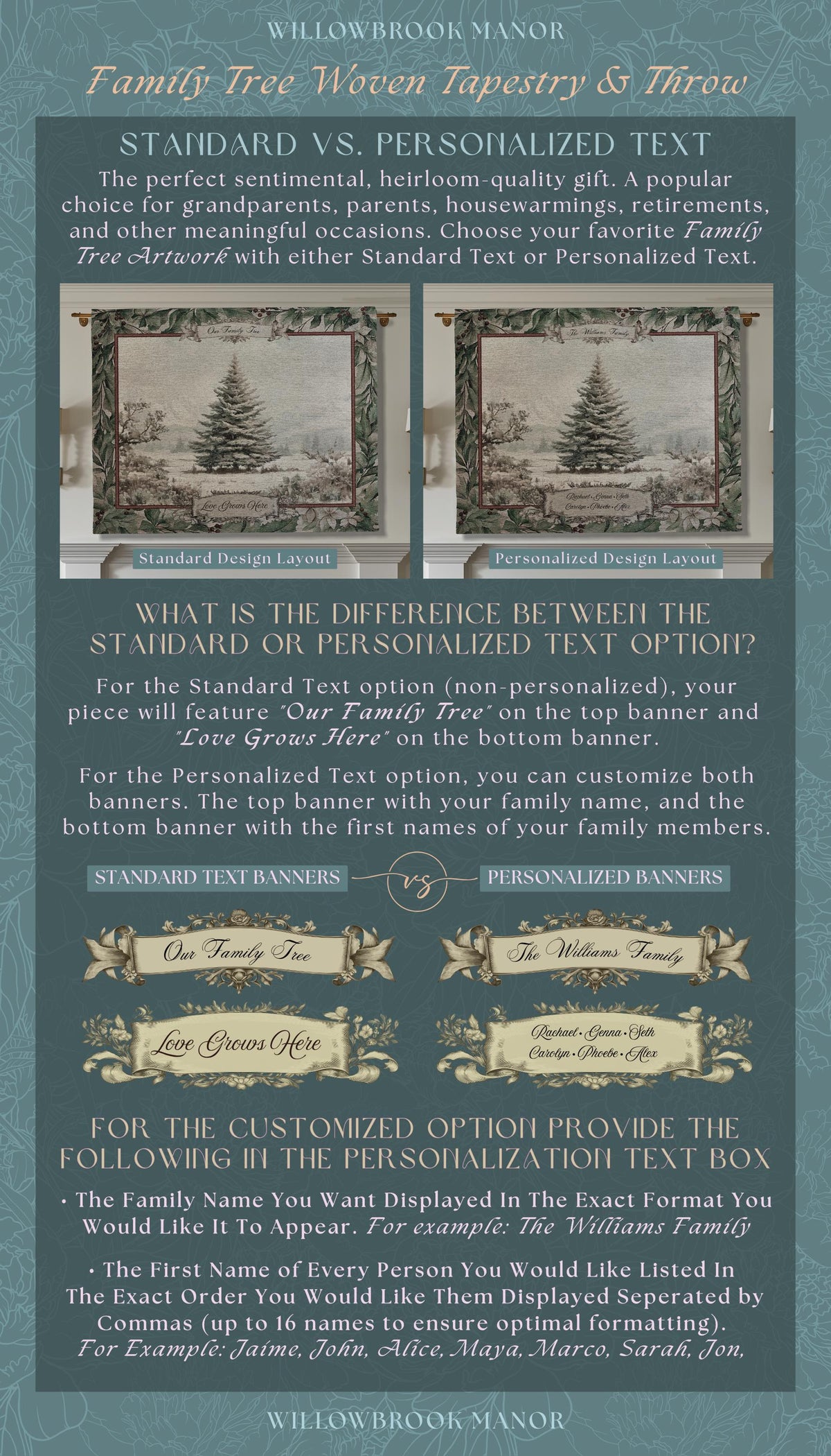 Snowy Scene Winter Holiday Family Tree Wall Hanging | Custom Name Woven Tapestry Grandparent Christmas Gift Personalized Heritage Art Decor