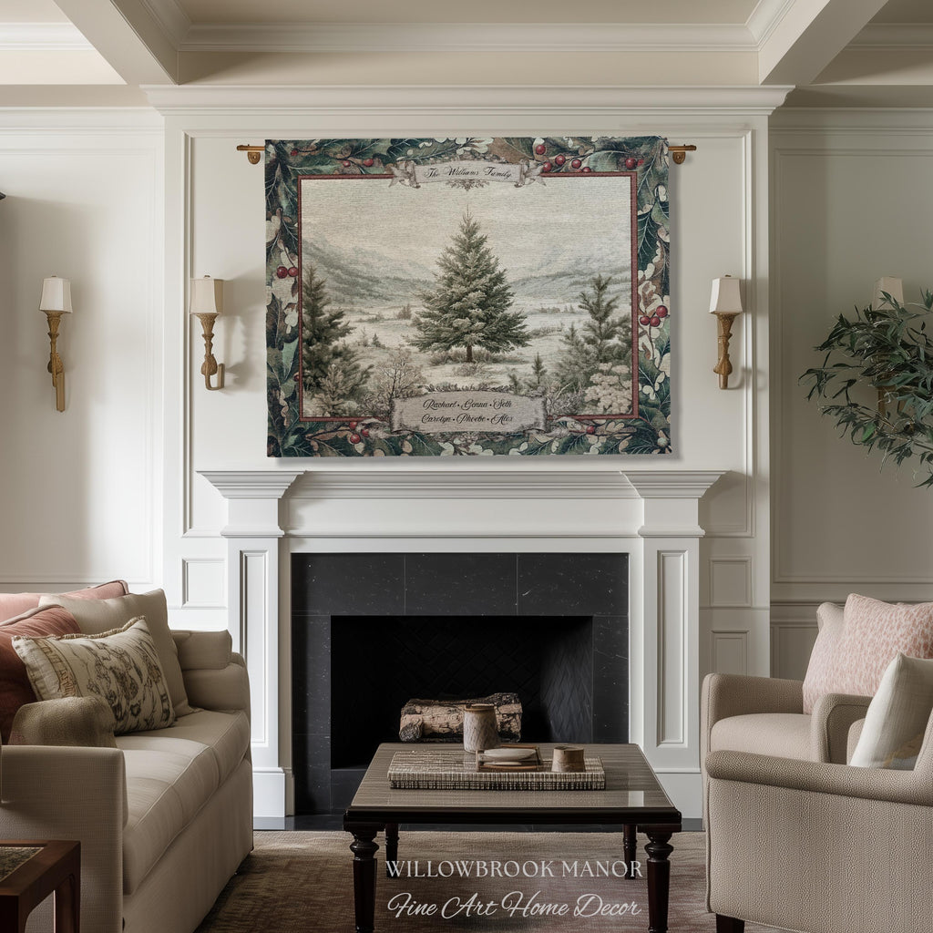 Christmas Traditions Custom Woven Wall Art | Personalized Heritage Tapestry Nostalgic Evergreen Landscape Family Heirloom Sentimental Decor