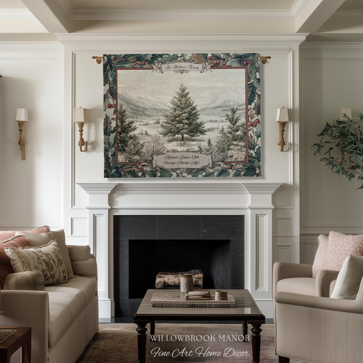 Christmas Traditions Custom Woven Wall Art | Personalized Heritage Tapestry Nostalgic Evergreen Landscape Family Heirloom Sentimental Decor
