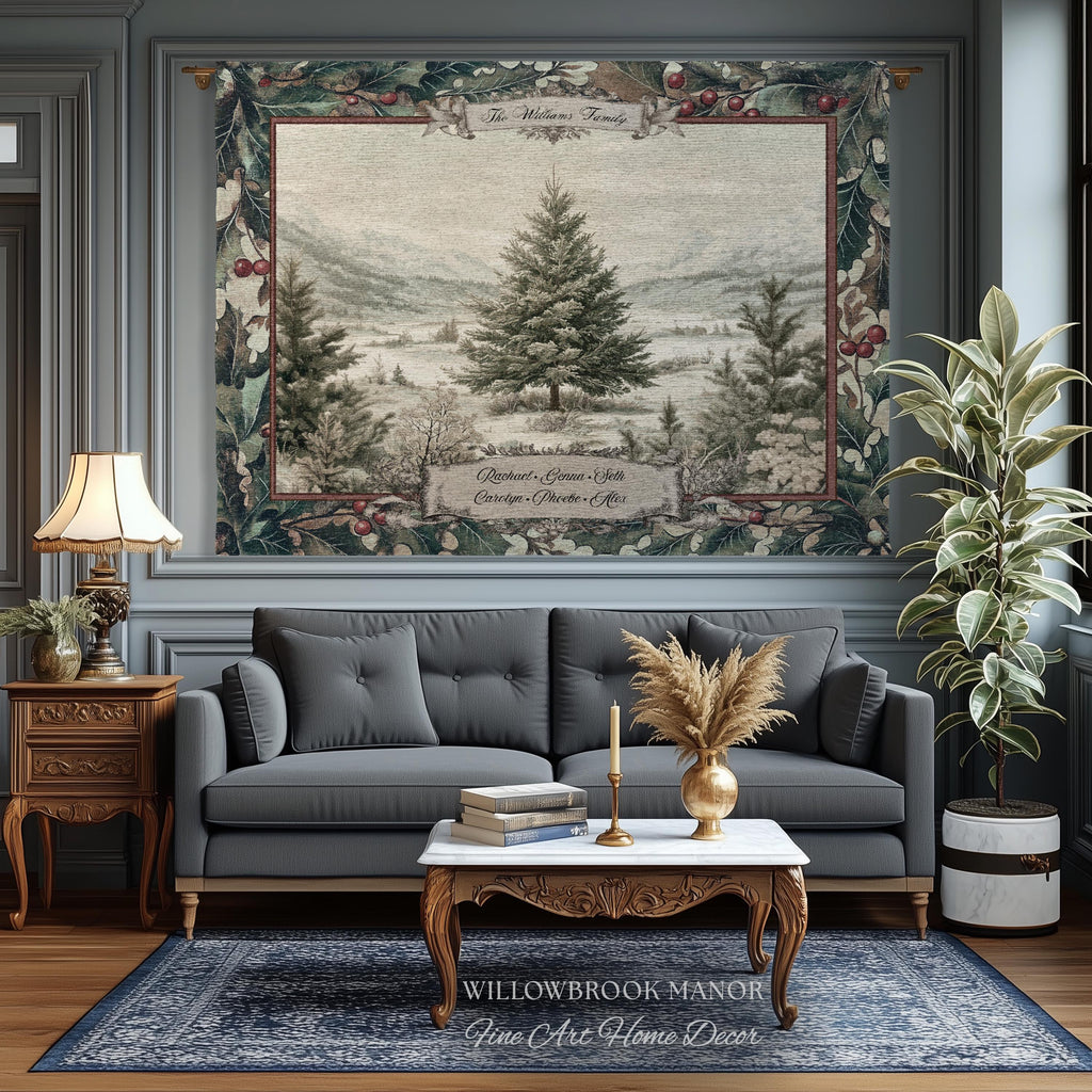 Christmas Traditions Custom Woven Wall Art | Personalized Heritage Tapestry Nostalgic Evergreen Landscape Family Heirloom Sentimental Decor