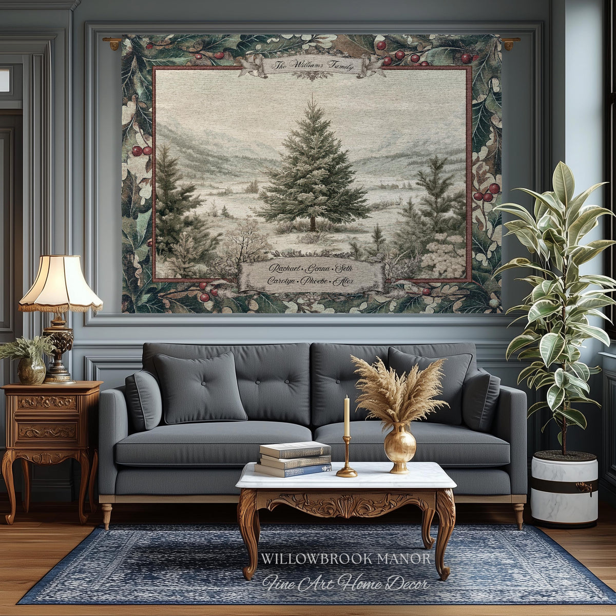 Christmas Traditions Custom Woven Wall Art | Personalized Heritage Tapestry Nostalgic Evergreen Landscape Family Heirloom Sentimental Decor