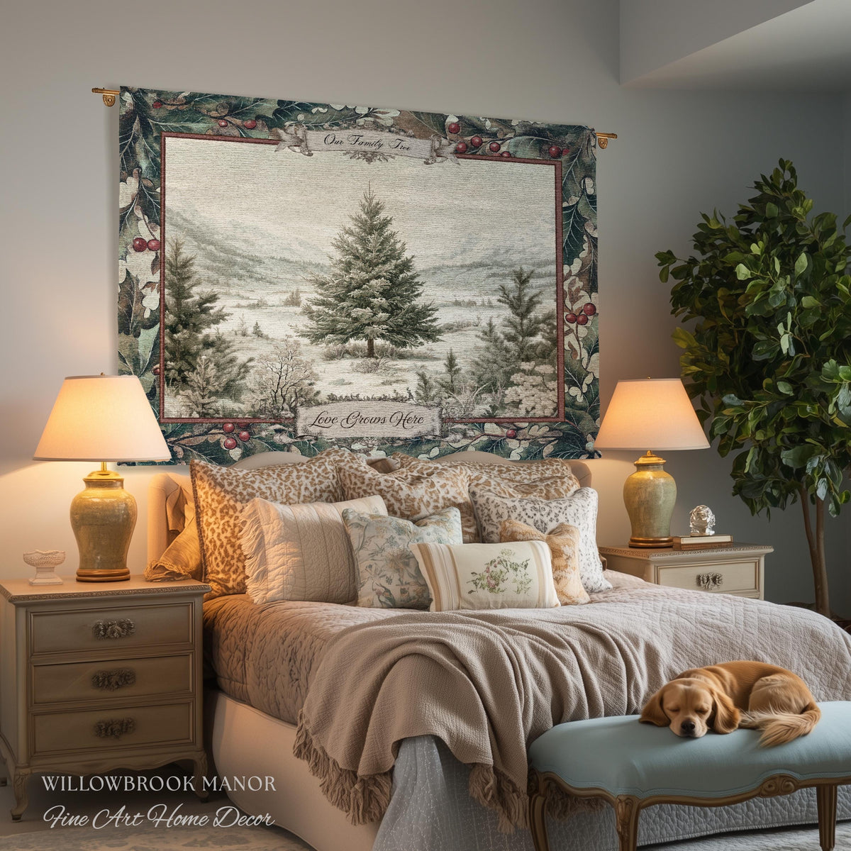 Christmas Traditions Custom Woven Wall Art | Personalized Heritage Tapestry Nostalgic Evergreen Landscape Family Heirloom Sentimental Decor
