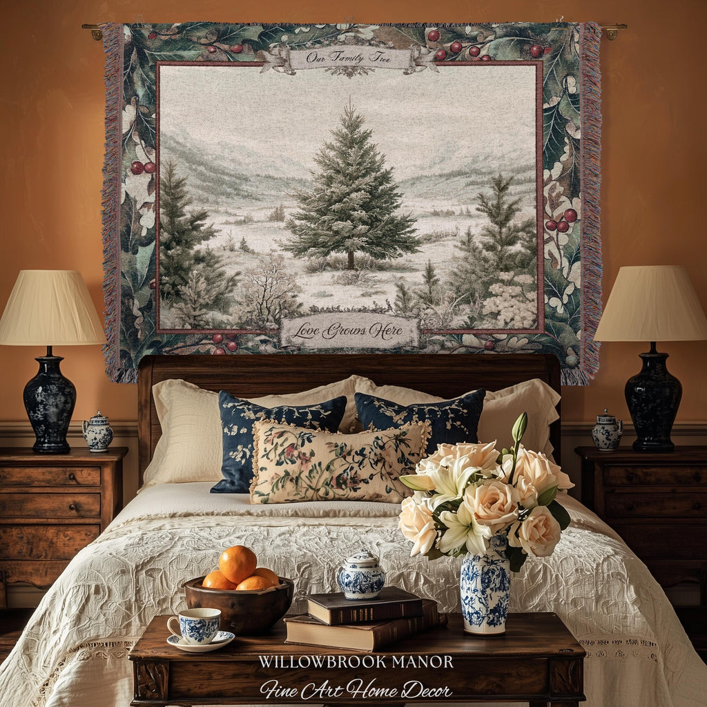Christmas Traditions Custom Woven Wall Art | Personalized Heritage Tapestry Nostalgic Evergreen Landscape Family Heirloom Sentimental Decor