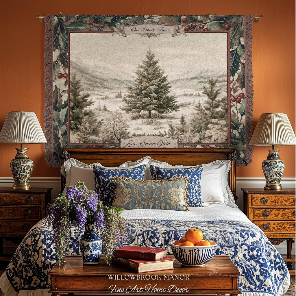 Christmas Traditions Custom Woven Wall Art | Personalized Heritage Tapestry Nostalgic Evergreen Landscape Family Heirloom Sentimental Decor