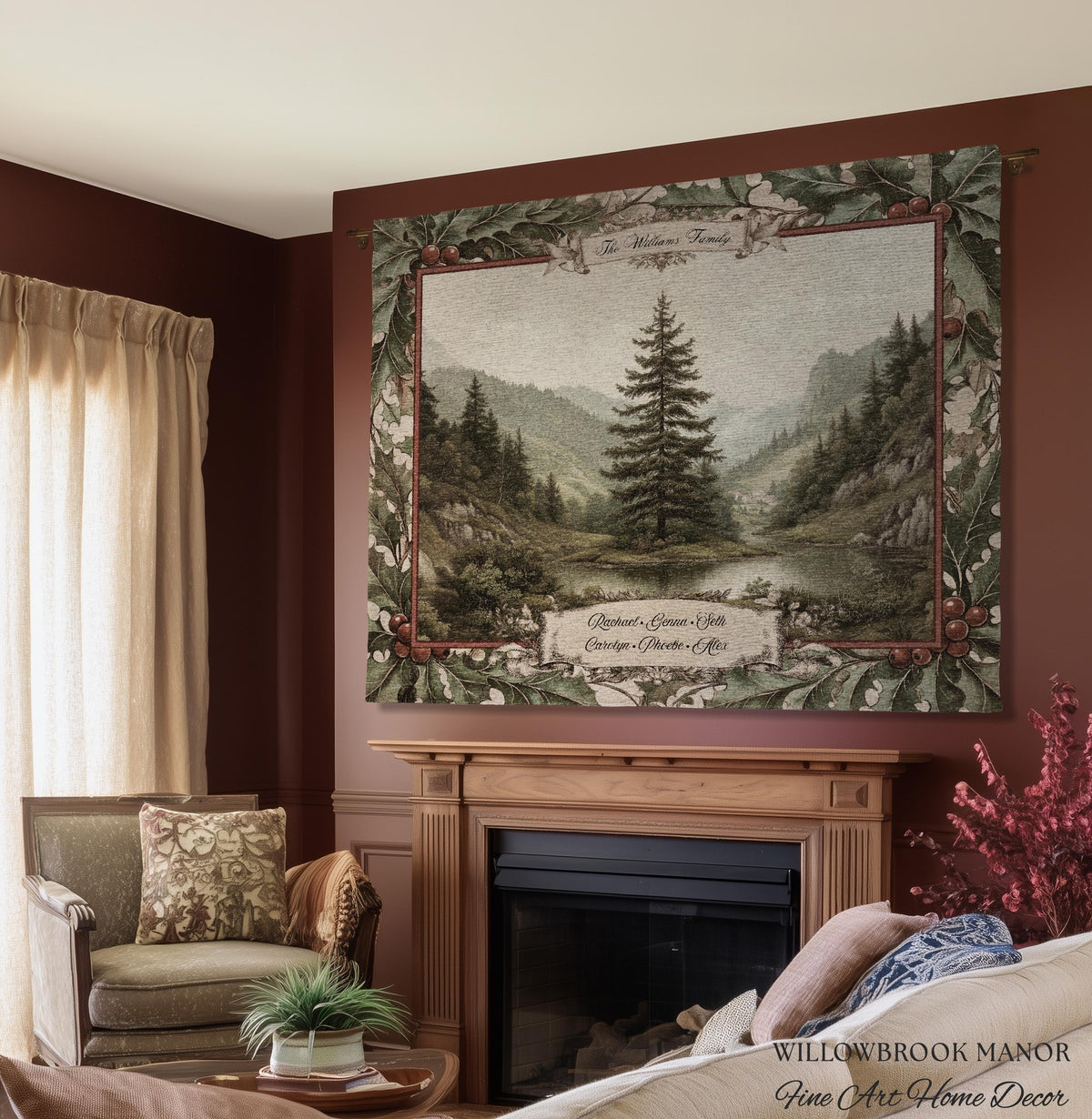 Meaningful Family Gift Misty Woodland Tree Custom Tapestry Art | Personalized Names Woven Throw Blanket Heartfelt Keepsake Rustic Wall Decor