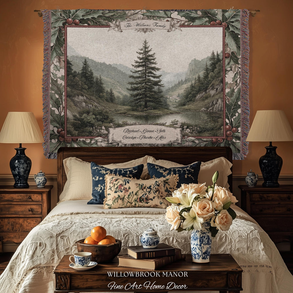 Meaningful Family Gift Misty Woodland Tree Custom Tapestry Art | Personalized Names Woven Throw Blanket Heartfelt Keepsake Rustic Wall Decor