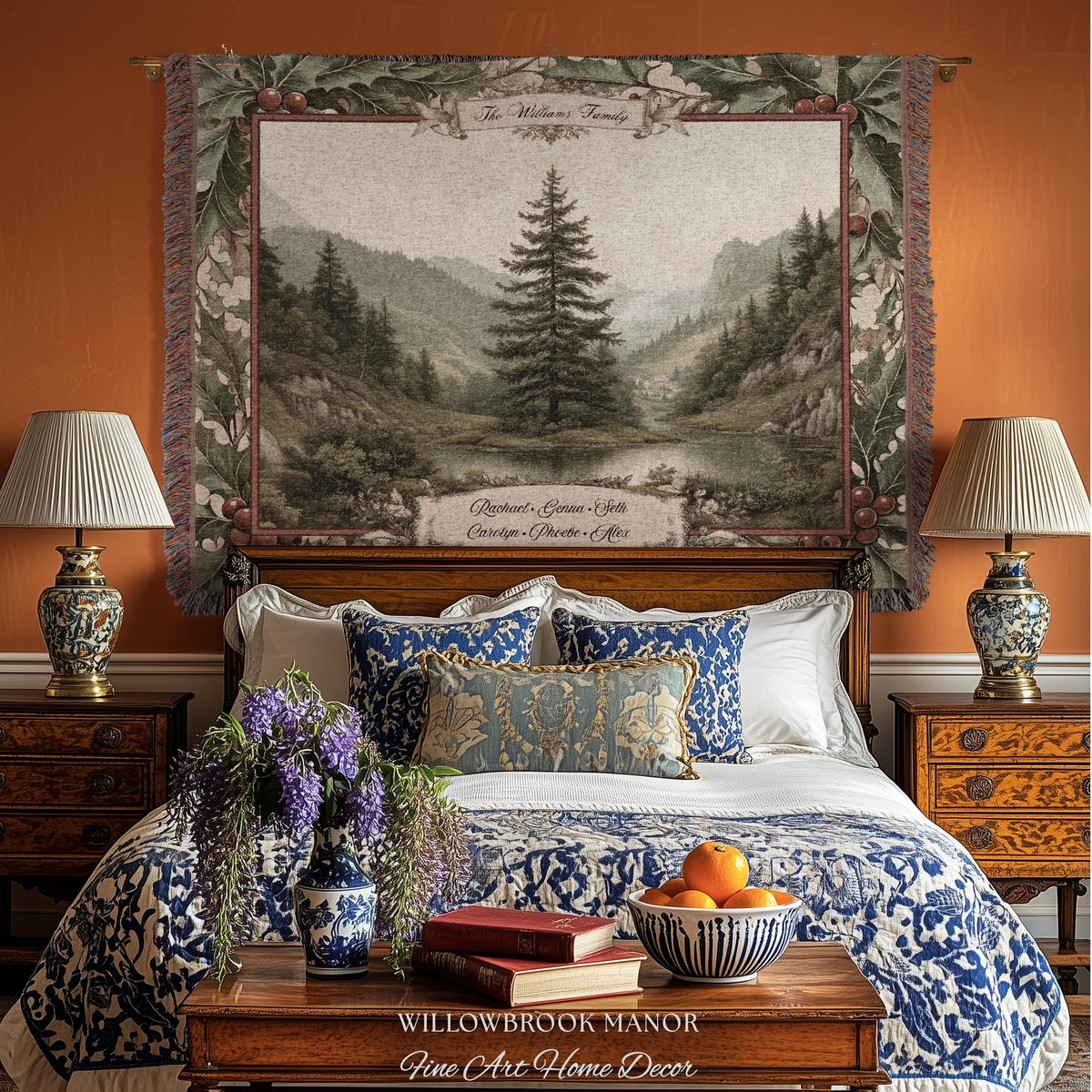 Meaningful Family Gift Misty Woodland Tree Custom Tapestry Art | Personalized Names Woven Throw Blanket Heartfelt Keepsake Rustic Wall Decor