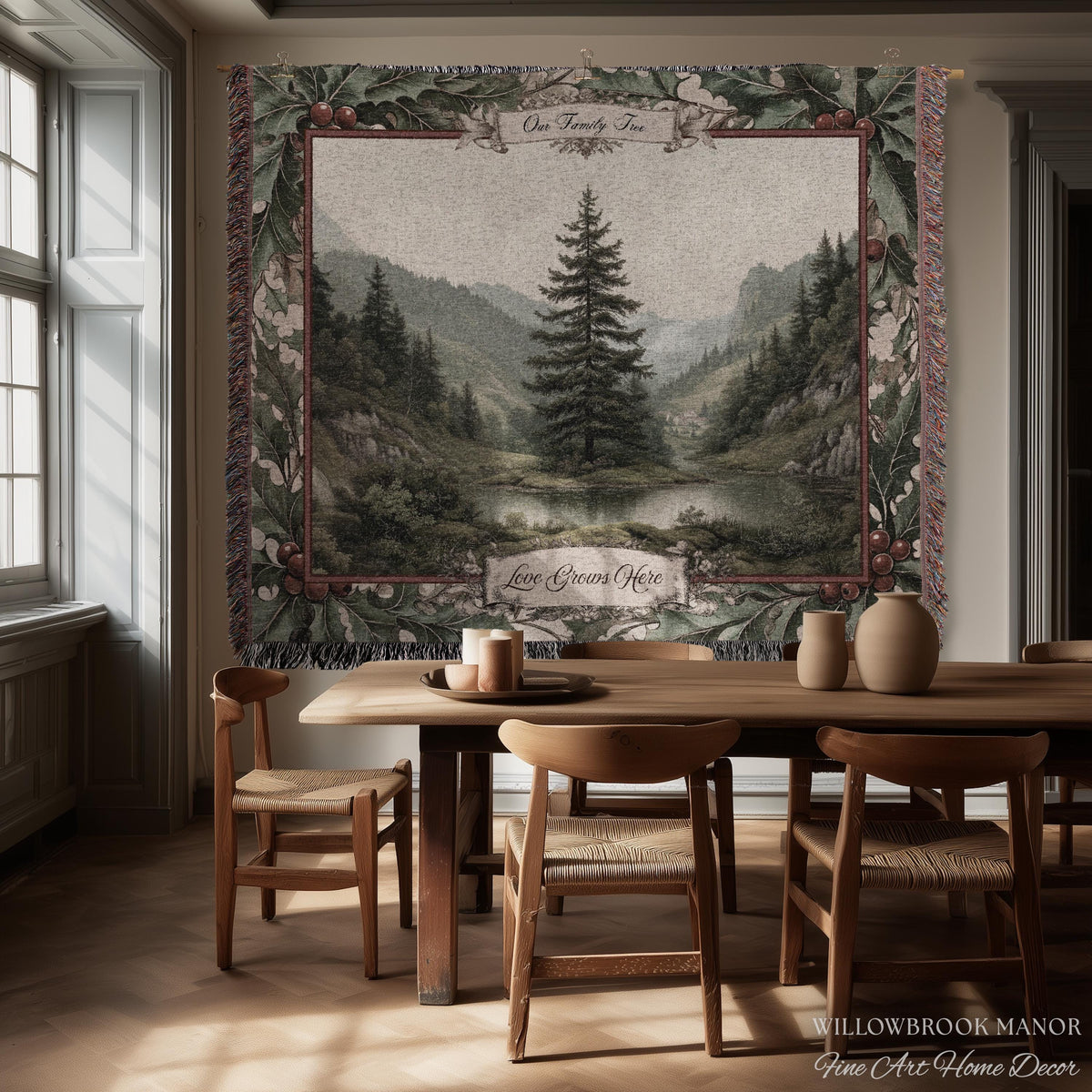 Meaningful Family Gift Misty Woodland Tree Custom Tapestry Art | Personalized Names Woven Throw Blanket Heartfelt Keepsake Rustic Wall Decor