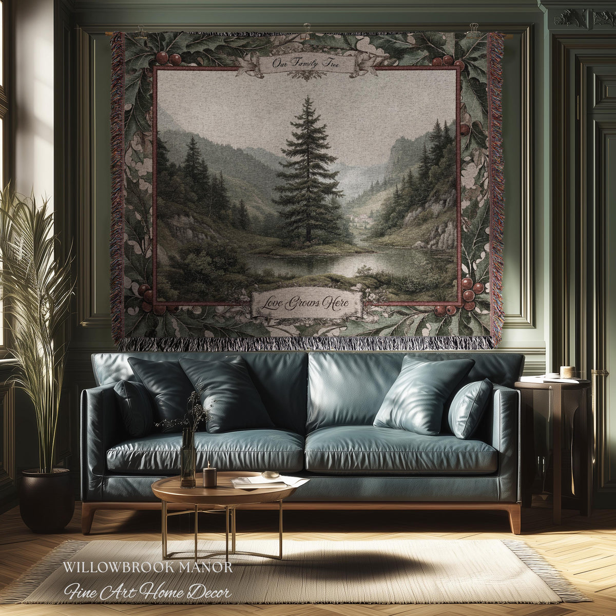 Meaningful Family Gift Misty Woodland Tree Custom Tapestry Art | Personalized Names Woven Throw Blanket Heartfelt Keepsake Rustic Wall Decor
