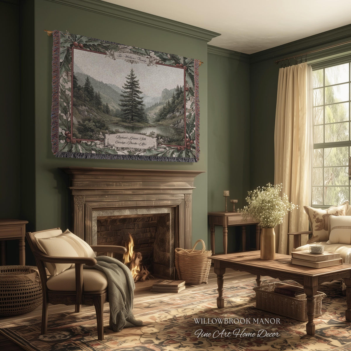 Meaningful Family Gift Misty Woodland Tree Custom Tapestry Art | Personalized Names Woven Throw Blanket Heartfelt Keepsake Rustic Wall Decor