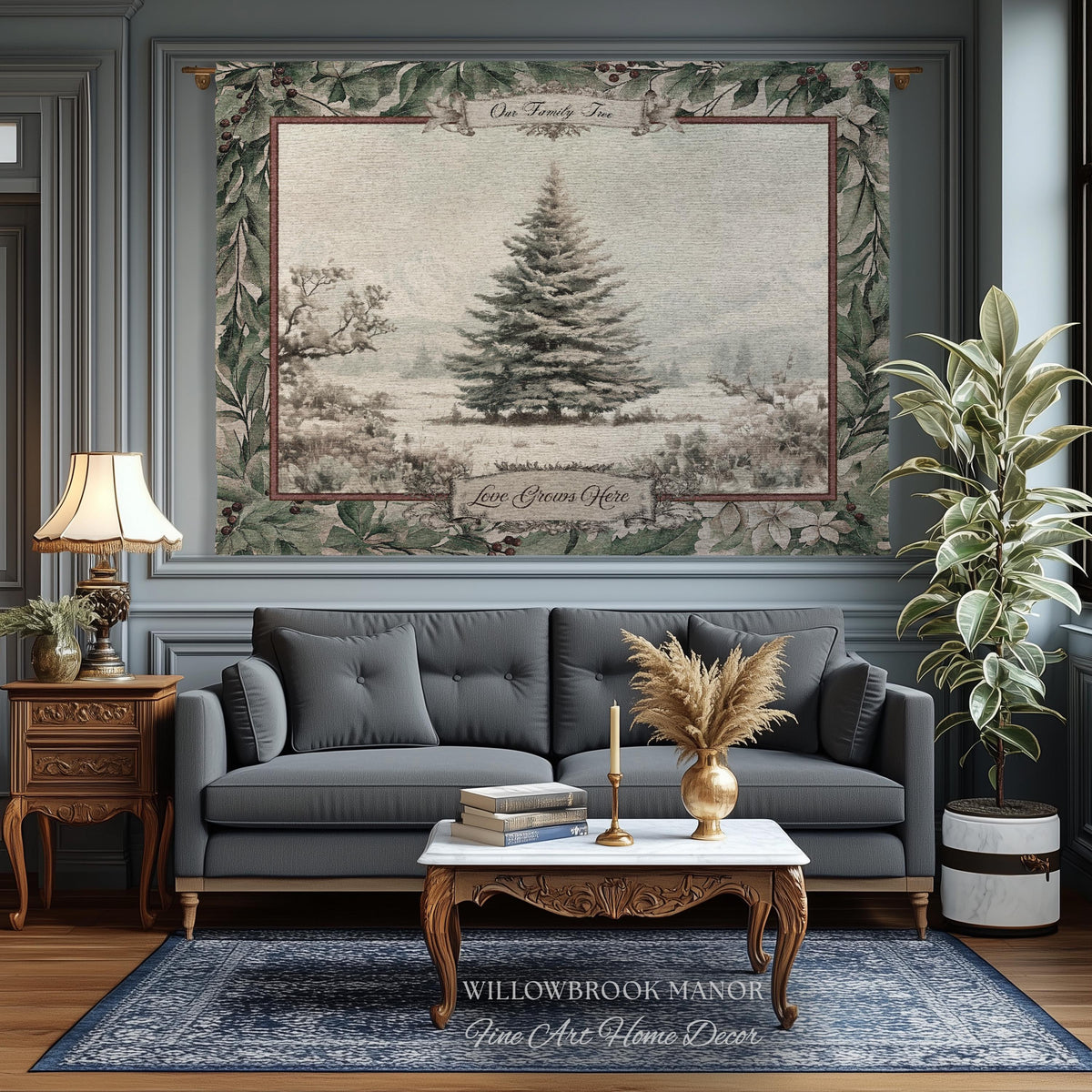 Snowy Scene Winter Holiday Family Tree Wall Hanging | Custom Name Woven Tapestry Grandparent Christmas Gift Personalized Heritage Art Decor