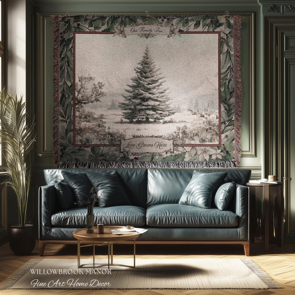 Snowy Scene Winter Holiday Family Tree Wall Hanging | Custom Name Woven Tapestry Grandparent Christmas Gift Personalized Heritage Art Decor