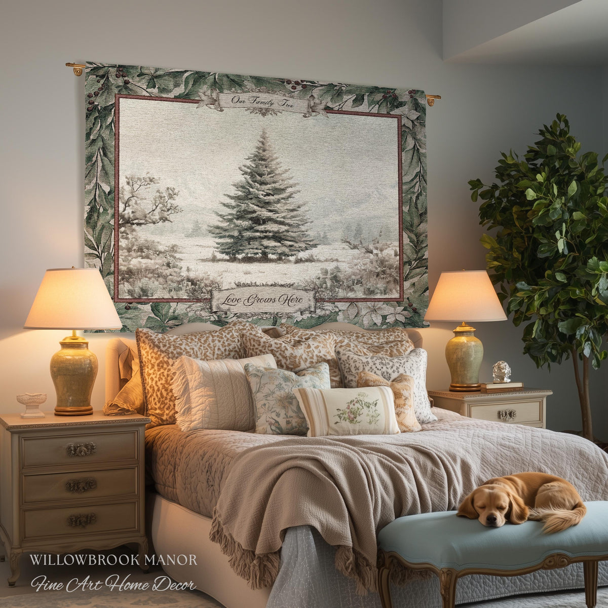Snowy Scene Winter Holiday Family Tree Wall Hanging | Custom Name Woven Tapestry Grandparent Christmas Gift Personalized Heritage Art Decor