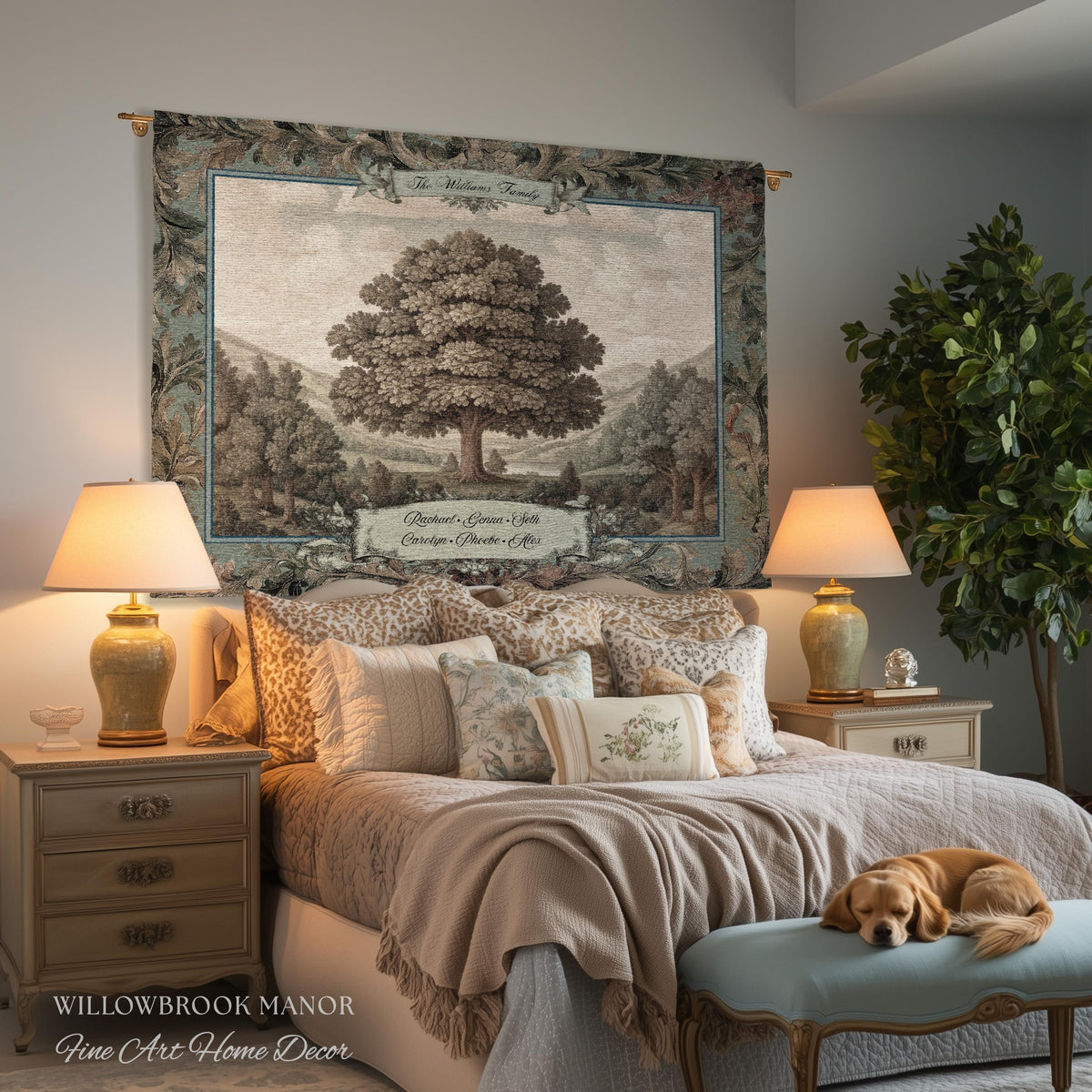 Sentimental Botanical Family Tree Heirloom Tapestry | Personalized Name Woven Wall Art Custom Nostalgic Gift Heritage Keepsake Vintage Decor