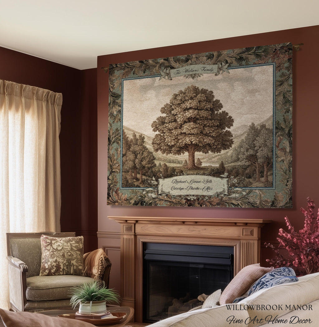 Sentimental Botanical Family Tree Heirloom Tapestry | Personalized Name Woven Wall Art Custom Nostalgic Gift Heritage Keepsake Vintage Decor