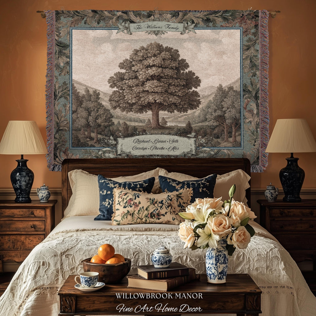 Sentimental Botanical Family Tree Heirloom Tapestry | Personalized Name Woven Wall Art Custom Nostalgic Gift Heritage Keepsake Vintage Decor