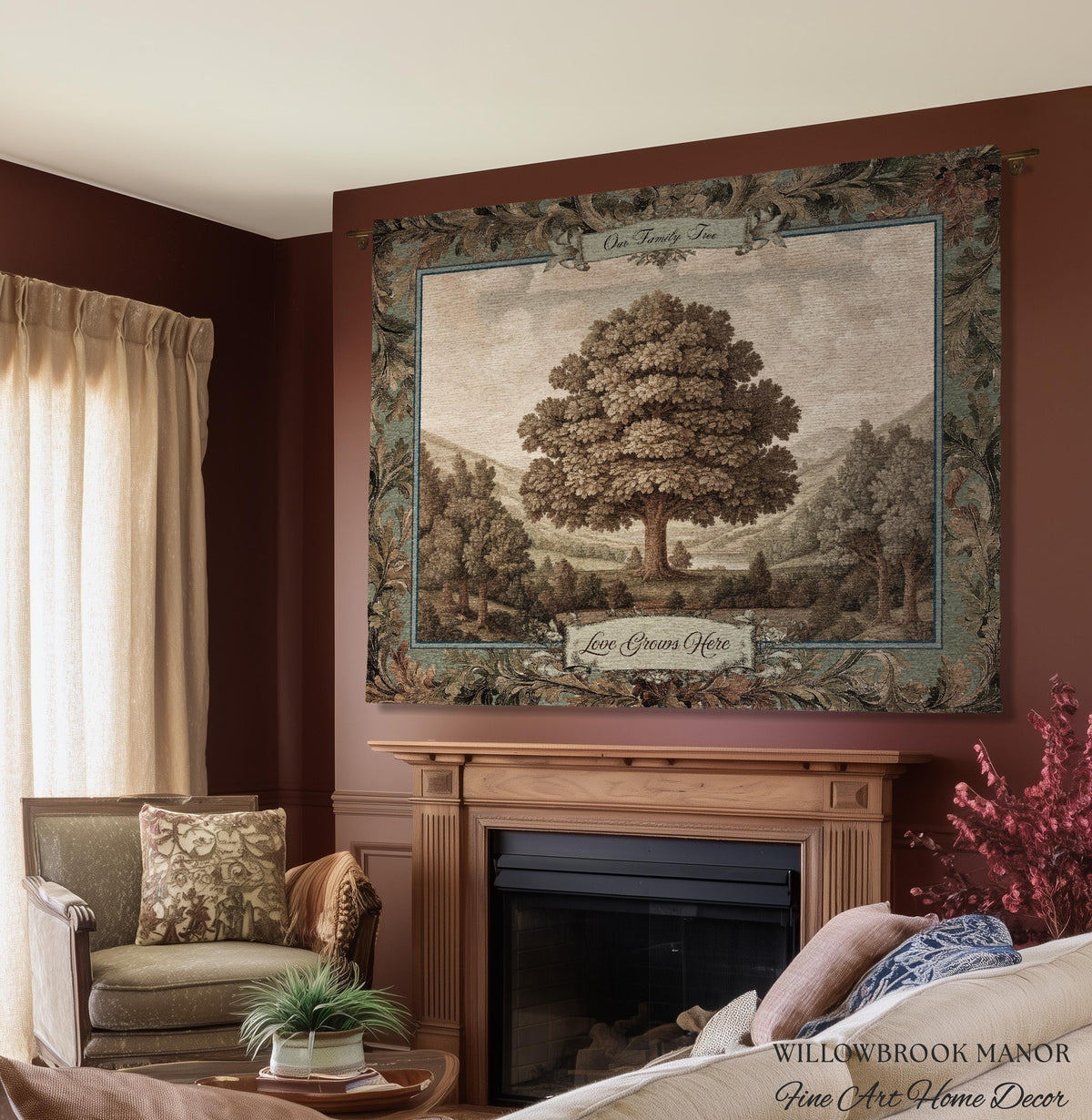 Sentimental Botanical Family Tree Heirloom Tapestry | Personalized Name Woven Wall Art Custom Nostalgic Gift Heritage Keepsake Vintage Decor