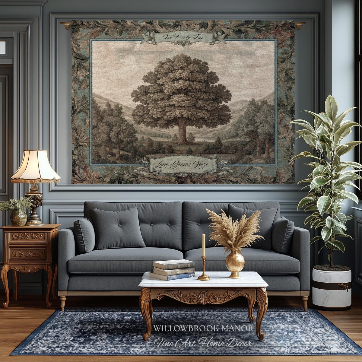 Sentimental Botanical Family Tree Heirloom Tapestry | Personalized Name Woven Wall Art Custom Nostalgic Gift Heritage Keepsake Vintage Decor