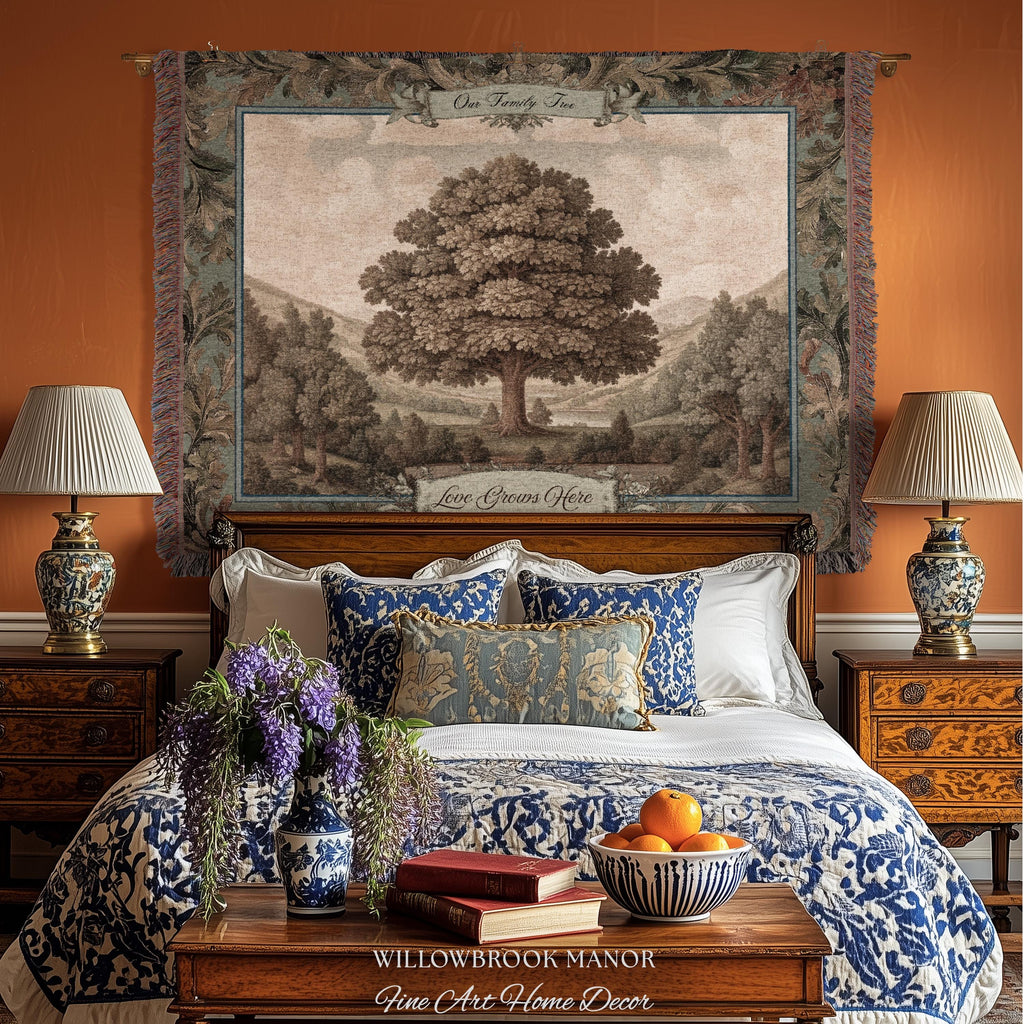 Sentimental Botanical Family Tree Heirloom Tapestry | Personalized Name Woven Wall Art Custom Nostalgic Gift Heritage Keepsake Vintage Decor