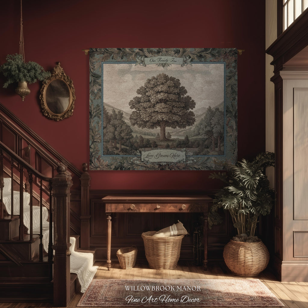 Sentimental Botanical Family Tree Heirloom Tapestry | Personalized Name Woven Wall Art Custom Nostalgic Gift Heritage Keepsake Vintage Decor