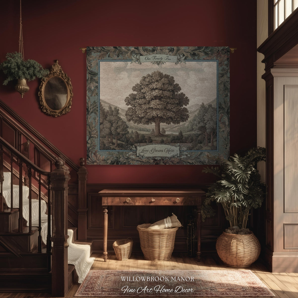 Sentimental Botanical Family Tree Heirloom Tapestry | Personalized Name Woven Wall Art Custom Nostalgic Gift Heritage Keepsake Vintage Decor