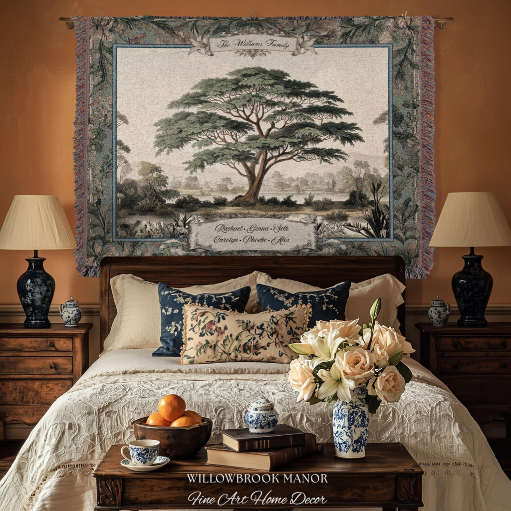 Elegant Acacia Tree Family Tapestry Personalized Name Woven Wall Hanging | Custom Grandparent Gift Vintage Botanical Keepsake Throw Blanket