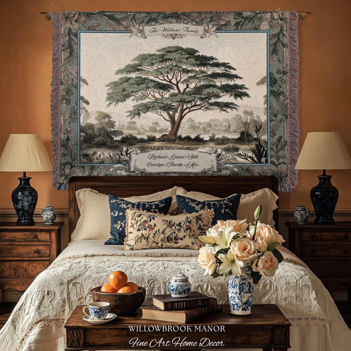 Elegant Acacia Tree Family Tapestry Personalized Name Woven Wall Hanging | Custom Grandparent Gift Vintage Botanical Keepsake Throw Blanket