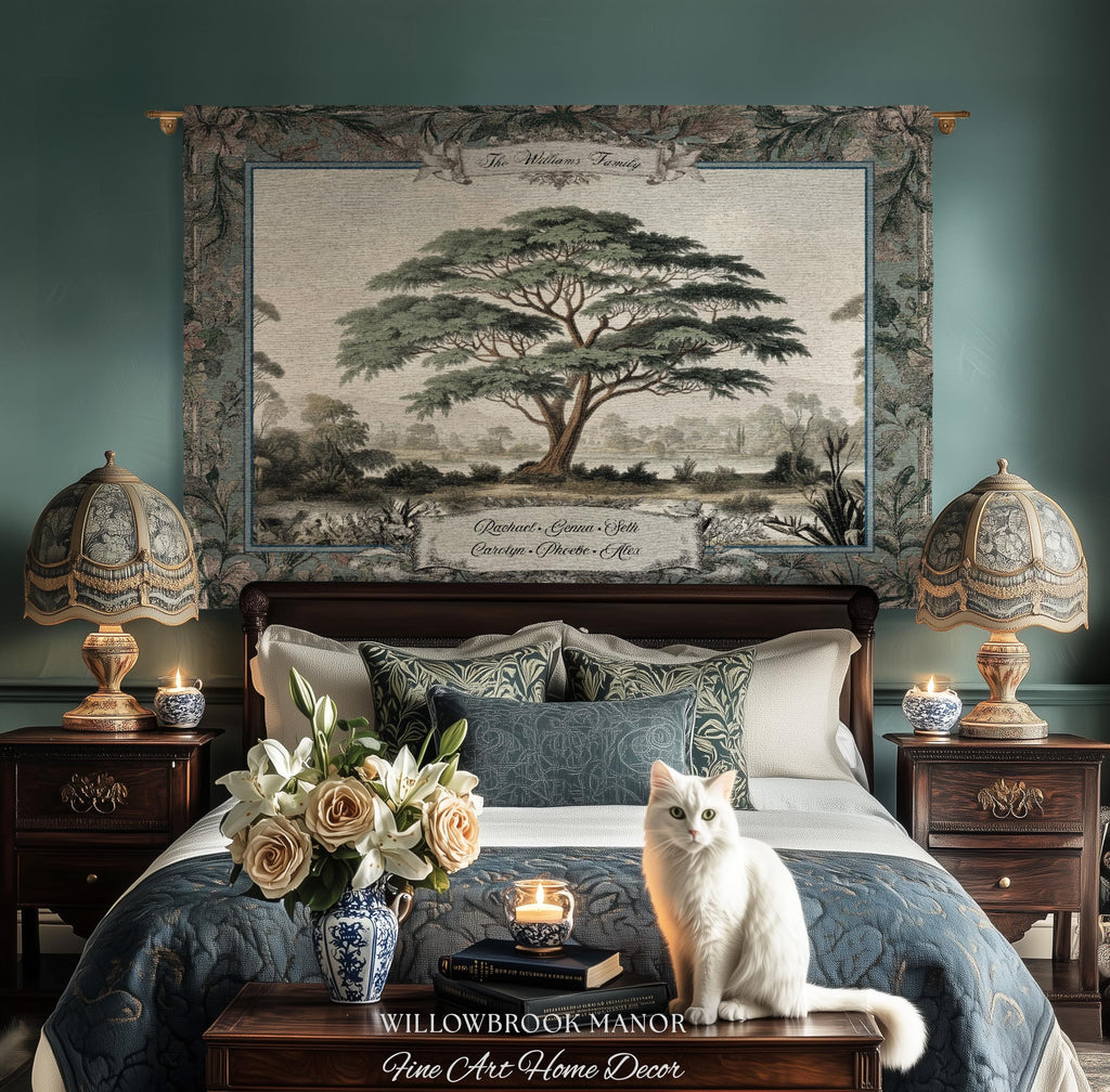 Elegant Acacia Tree Family Tapestry Personalized Name Woven Wall Hanging | Custom Grandparent Gift Vintage Botanical Keepsake Throw Blanket