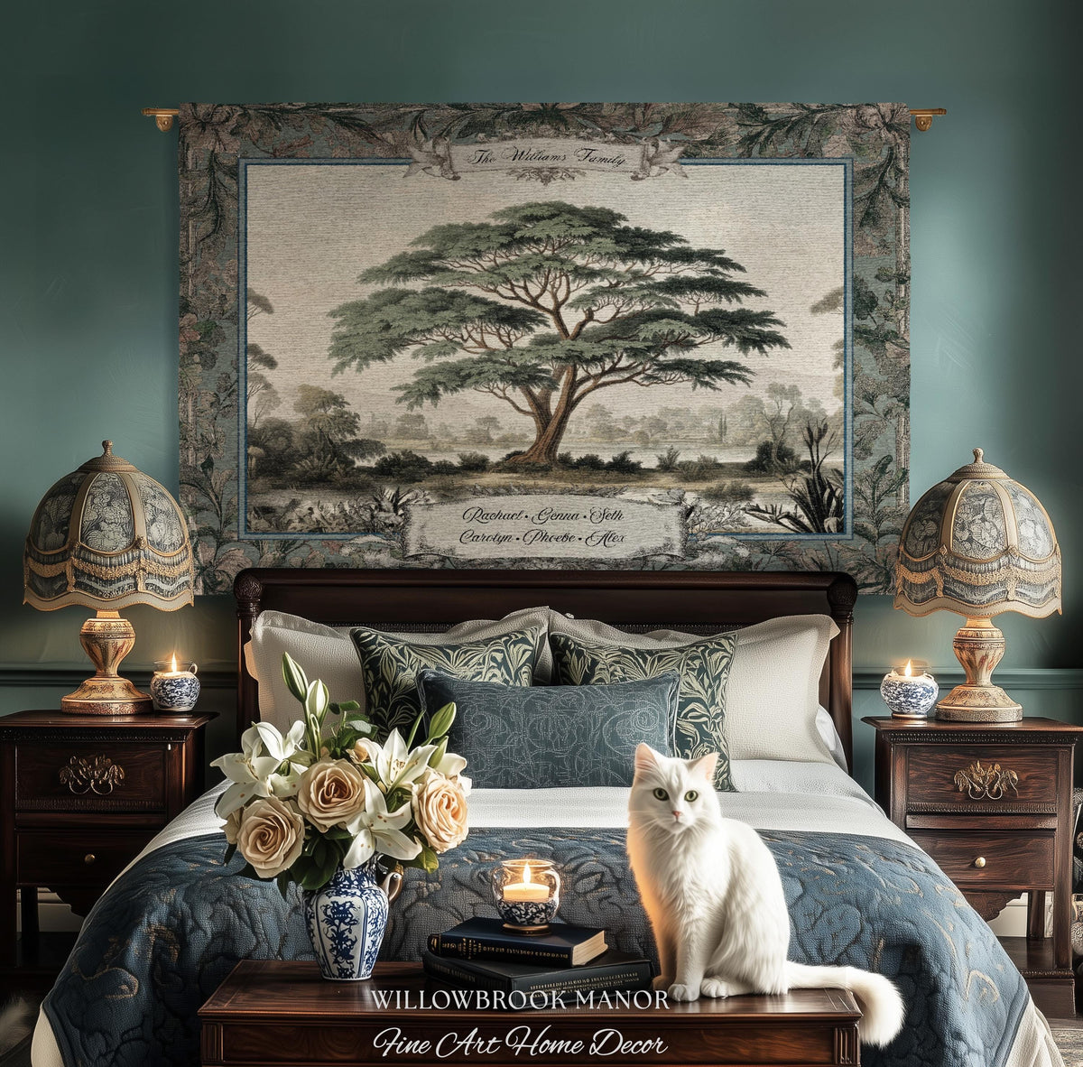 Elegant Acacia Tree Family Tapestry Personalized Name Woven Wall Hanging | Custom Grandparent Gift Vintage Botanical Keepsake Throw Blanket