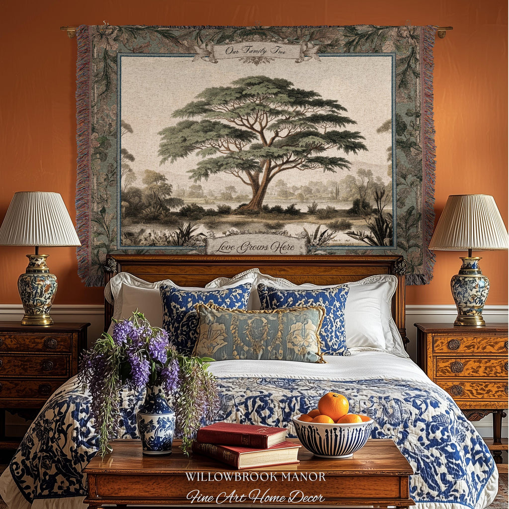 Elegant Acacia Tree Family Tapestry Personalized Name Woven Wall Hanging | Custom Grandparent Gift Vintage Botanical Keepsake Throw Blanket