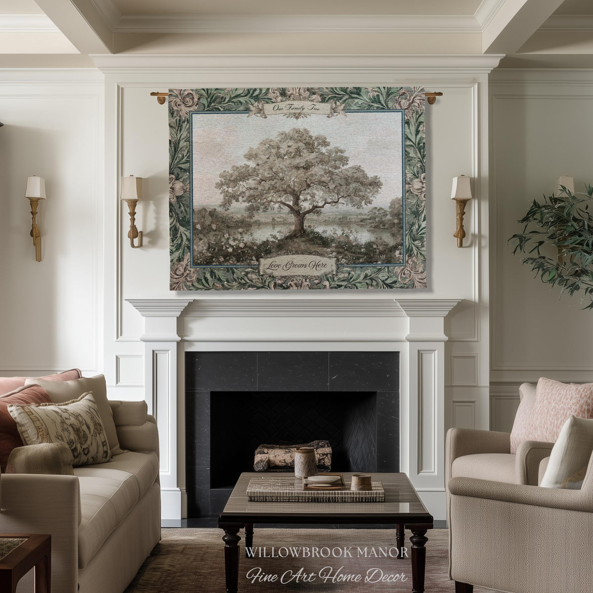 Personalized Oak Family Tree Tapestry | Jacquard Woven Throw Name Wall Hanging Custom Grandparent Gift Vintage Lake Landscape Keepsake Decor