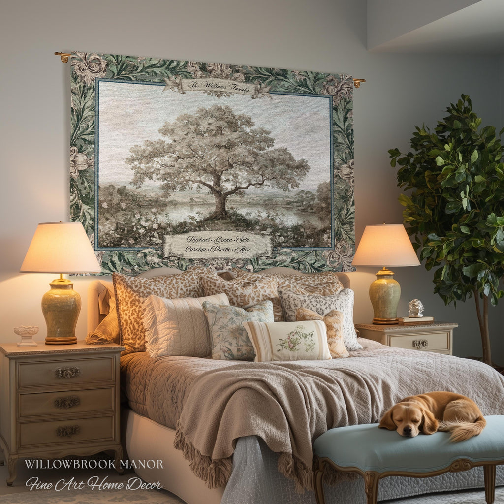 Personalized Oak Family Tree Tapestry | Jacquard Woven Throw Name Wall Hanging Custom Grandparent Gift Vintage Lake Landscape Keepsake Decor