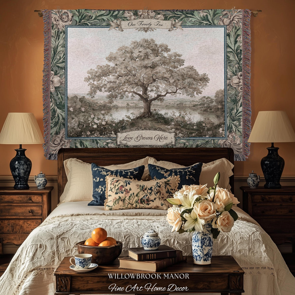 Personalized Oak Family Tree Tapestry | Jacquard Woven Throw Name Wall Hanging Custom Grandparent Gift Vintage Lake Landscape Keepsake Decor