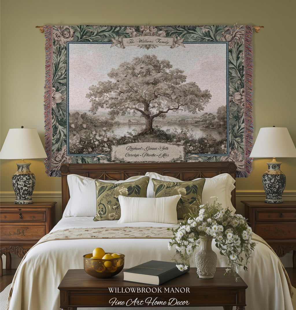Personalized Oak Family Tree Tapestry | Jacquard Woven Throw Name Wall Hanging Custom Grandparent Gift Vintage Lake Landscape Keepsake Decor
