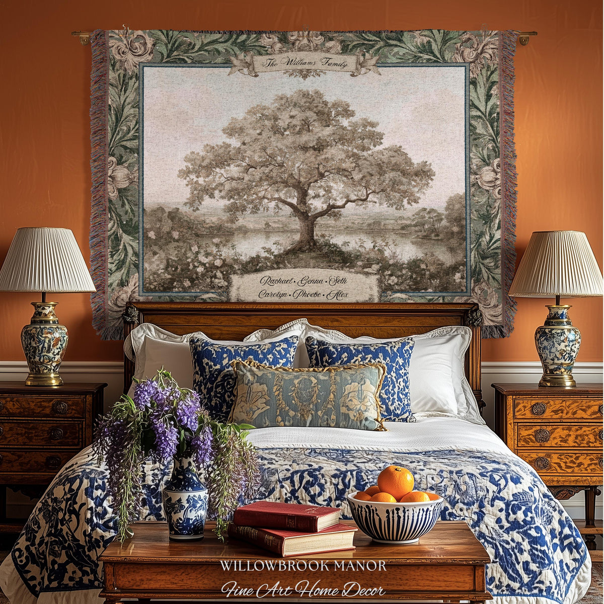 Personalized Oak Family Tree Tapestry | Jacquard Woven Throw Name Wall Hanging Custom Grandparent Gift Vintage Lake Landscape Keepsake Decor