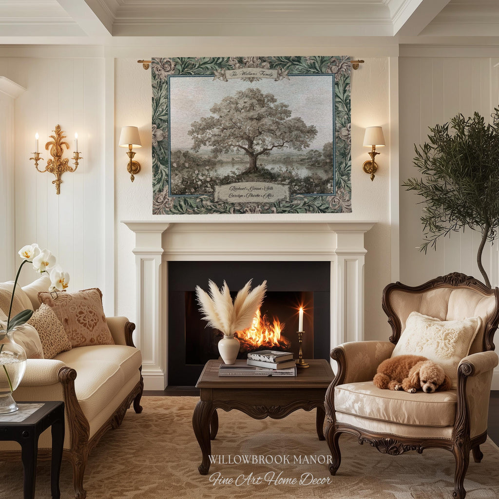 Personalized Oak Family Tree Tapestry | Jacquard Woven Throw Name Wall Hanging Custom Grandparent Gift Vintage Lake Landscape Keepsake Decor