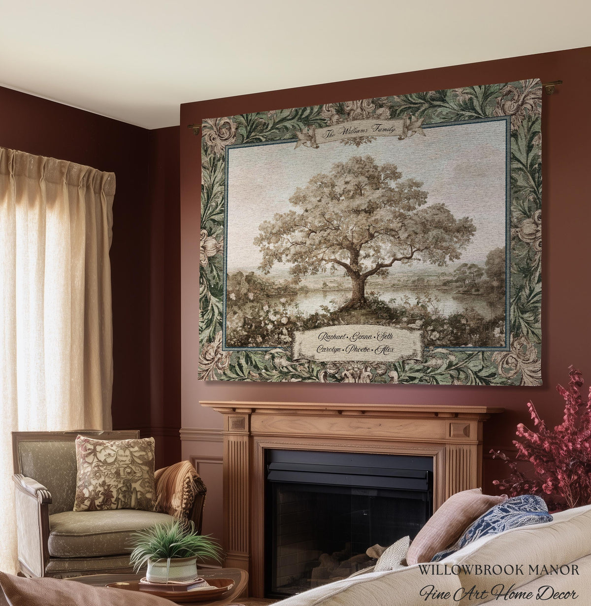 Personalized Oak Family Tree Tapestry | Jacquard Woven Throw Name Wall Hanging Custom Grandparent Gift Vintage Lake Landscape Keepsake Decor