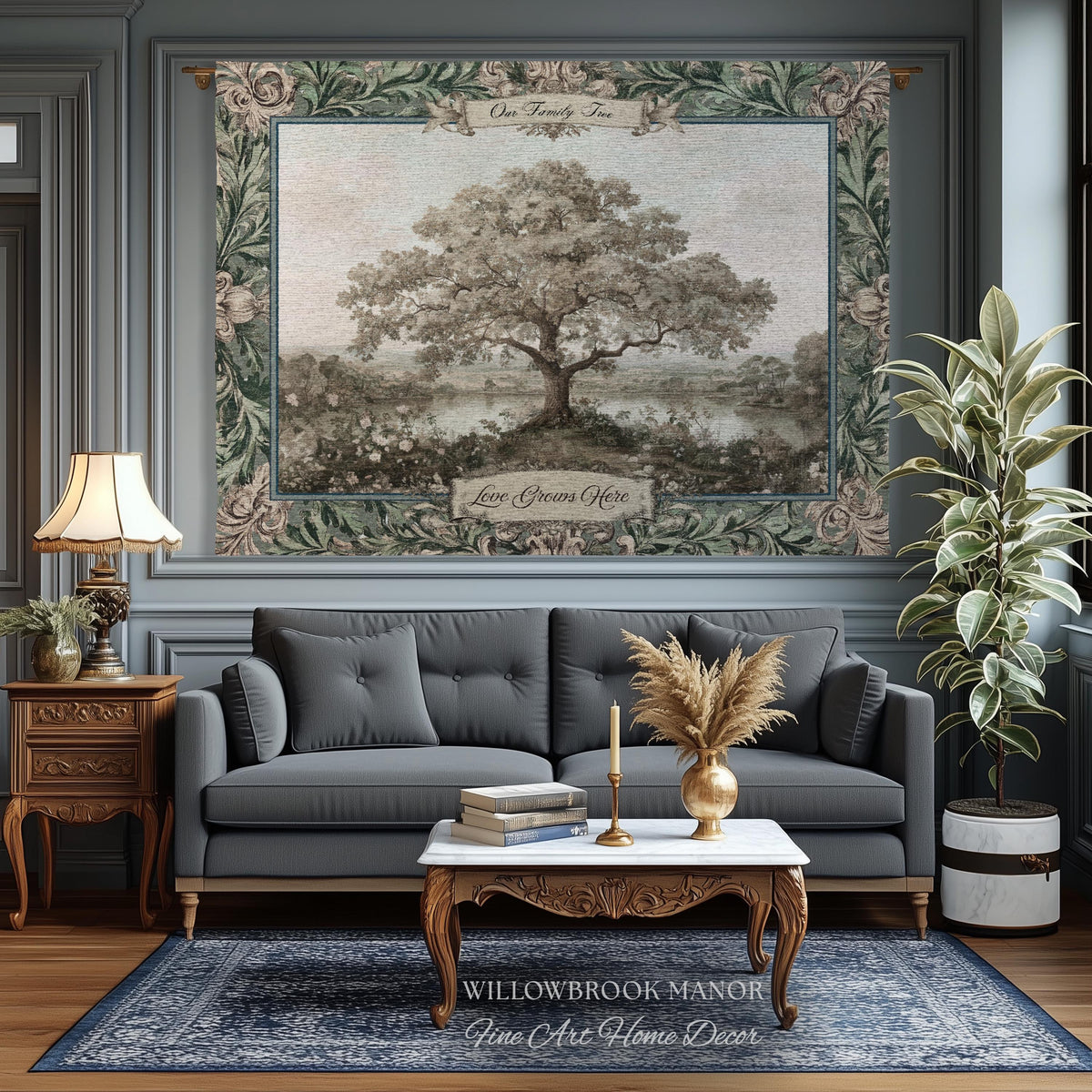 Personalized Oak Family Tree Tapestry | Jacquard Woven Throw Name Wall Hanging Custom Grandparent Gift Vintage Lake Landscape Keepsake Decor