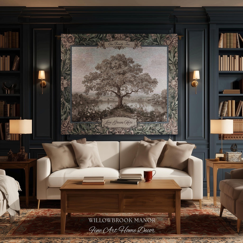 Personalized Oak Family Tree Tapestry | Jacquard Woven Throw Name Wall Hanging Custom Grandparent Gift Vintage Lake Landscape Keepsake Decor