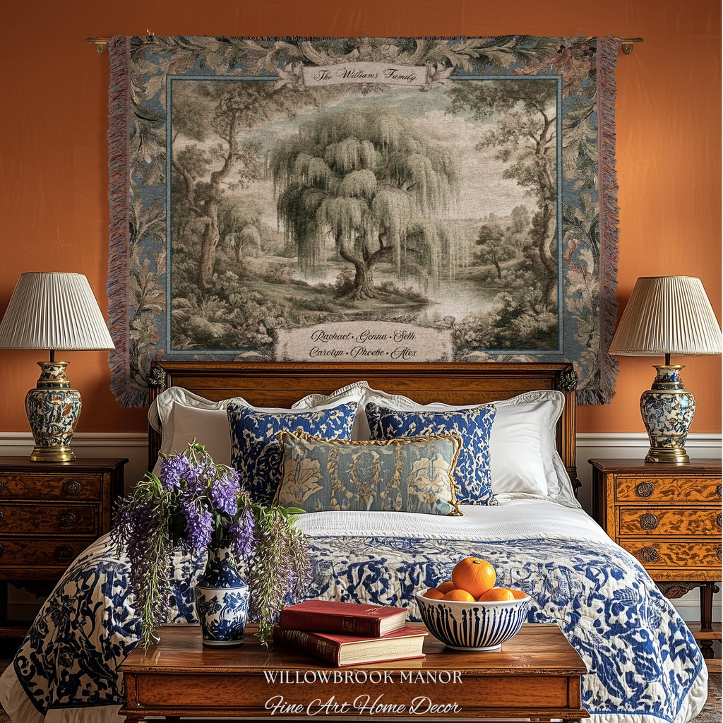Pastoral Weeping Willow Custom Family Tree Woven Wall Art | Romantic Verdure Tapestry Personalized Names Timeless Nostalgia Heirloom Gift