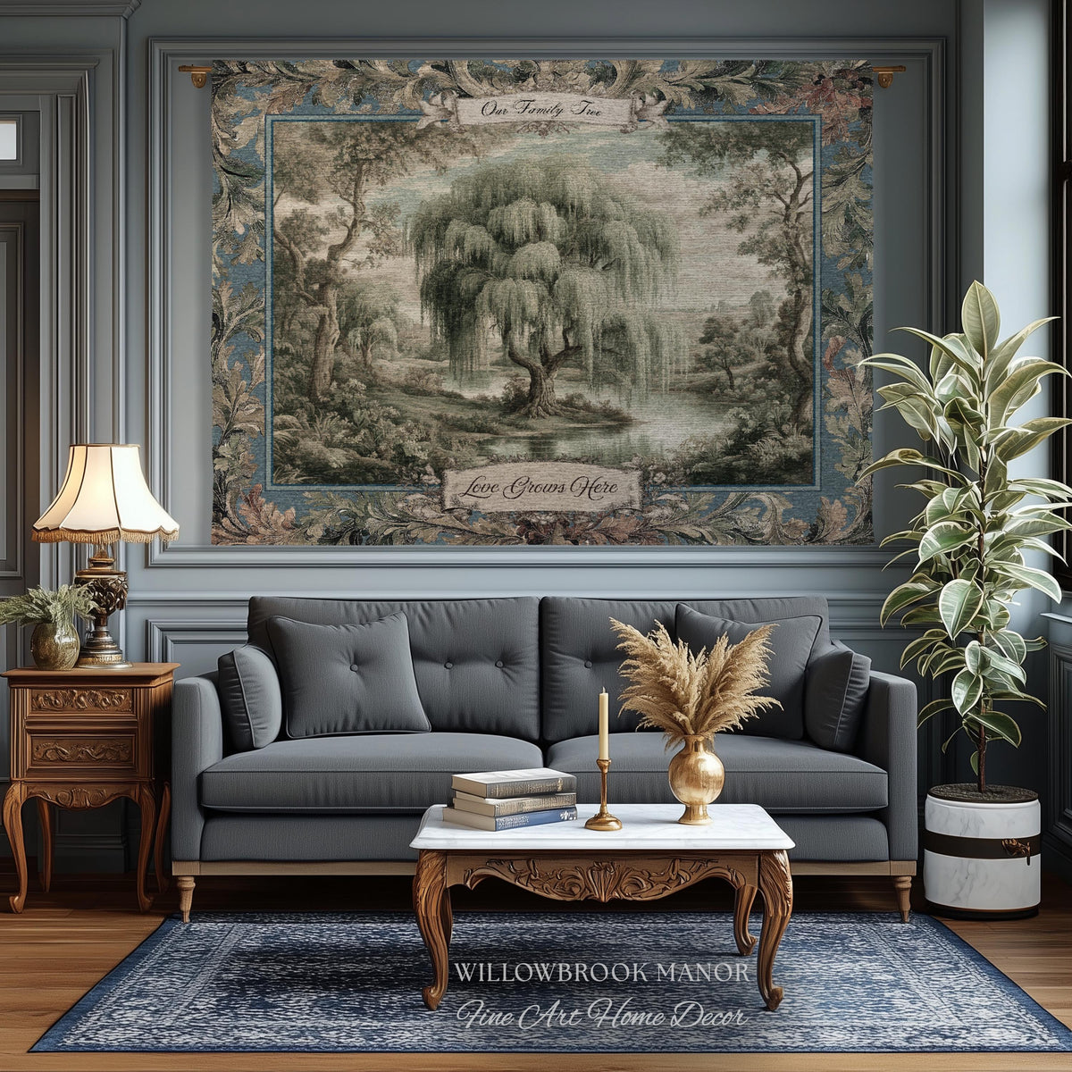 Pastoral Weeping Willow Custom Family Tree Woven Wall Art | Romantic Verdure Tapestry Personalized Names Timeless Nostalgia Heirloom Gift