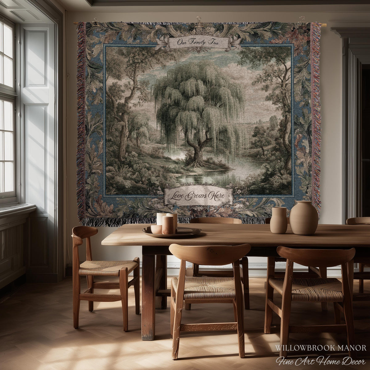 Pastoral Weeping Willow Custom Family Tree Woven Wall Art | Romantic Verdure Tapestry Personalized Names Timeless Nostalgia Heirloom Gift