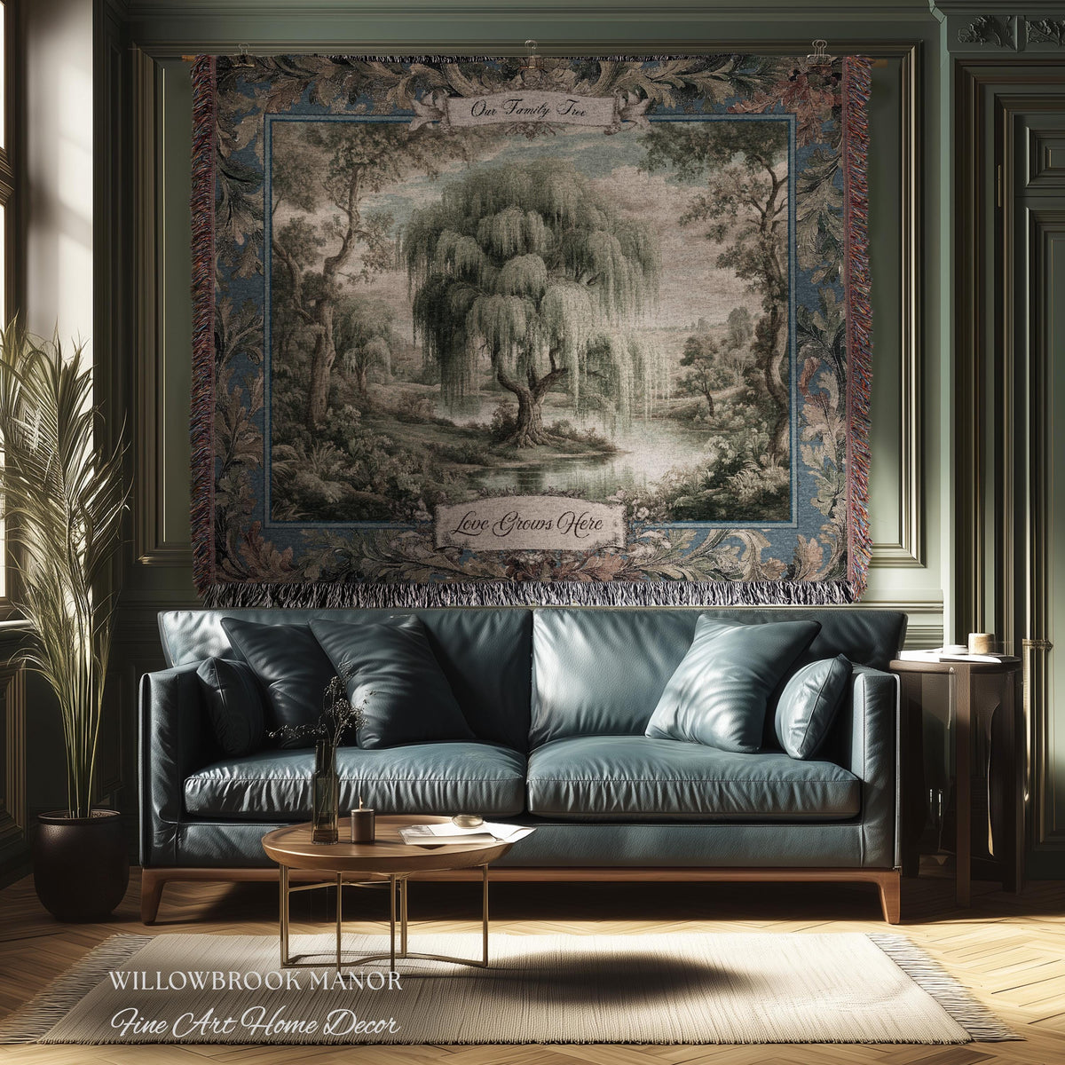 Pastoral Weeping Willow Custom Family Tree Woven Wall Art | Romantic Verdure Tapestry Personalized Names Timeless Nostalgia Heirloom Gift