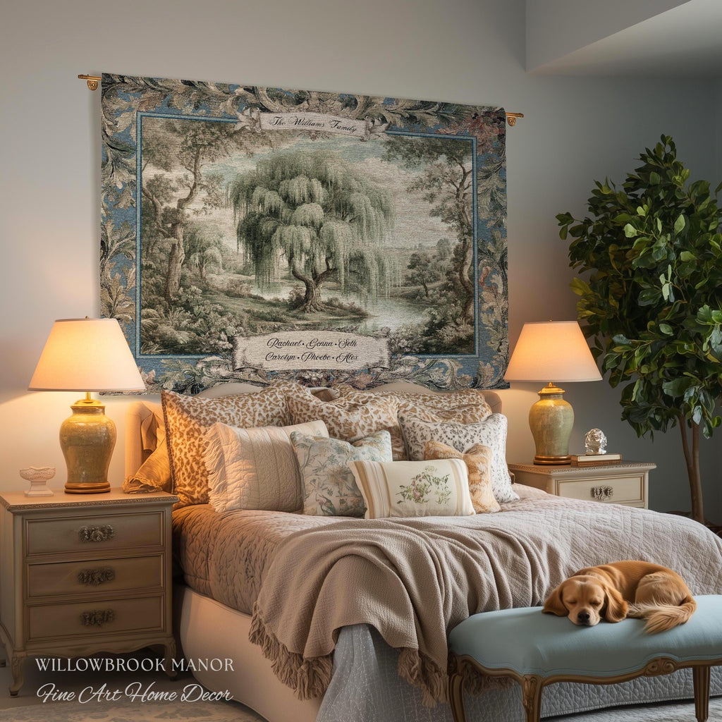 Pastoral Weeping Willow Custom Family Tree Woven Wall Art | Romantic Verdure Tapestry Personalized Names Timeless Nostalgia Heirloom Gift